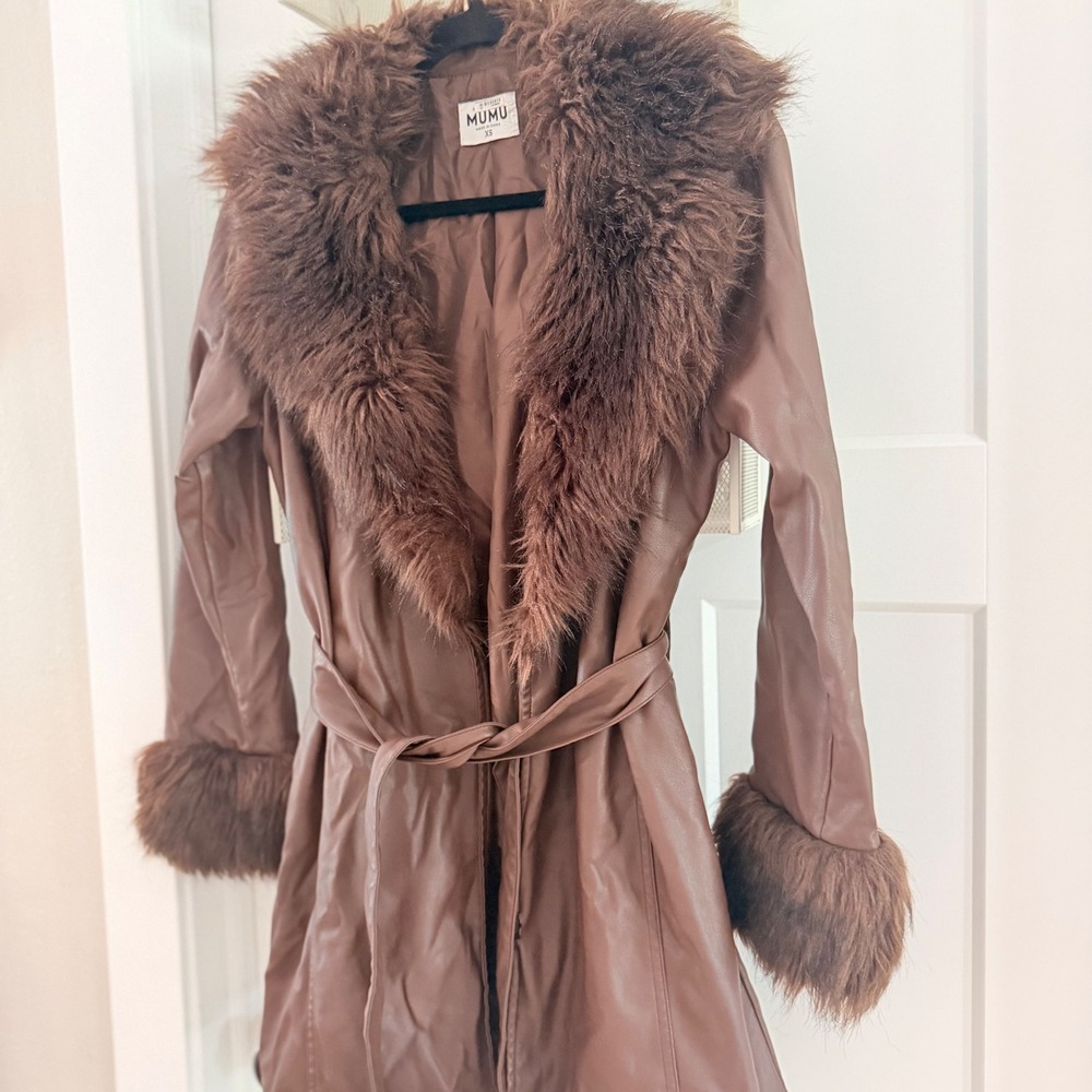 Show Me Your Mumu Penny Lane Faux Leather Fur Coat Brown Small Y2K Style - Picture 2 of 6